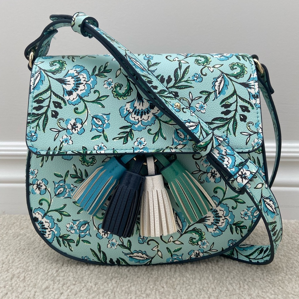 Indigo Floral Saddle Crossbody Bag in Aqua, Teal, Navy & Cream